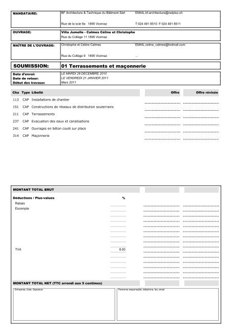 SOUMISSION: 01 Terrassements et maÃ§onnerie - bf-archi.ch