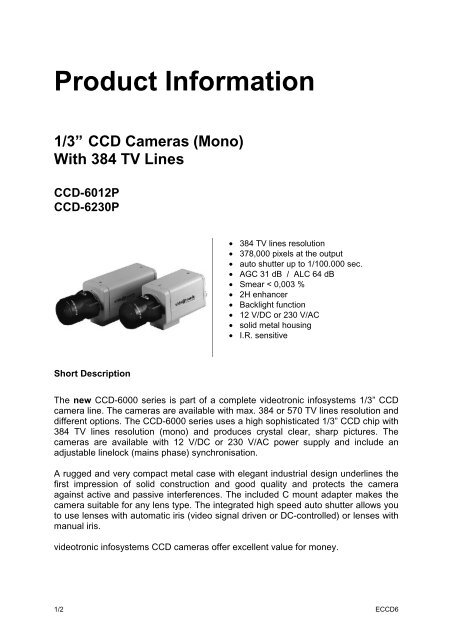 Product Information 1/3â CCD Cameras (Mono) With 384 TV ... - Altram
