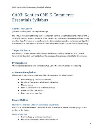 CA03: Kentico CMS E-Commerce Essentials Syllabus