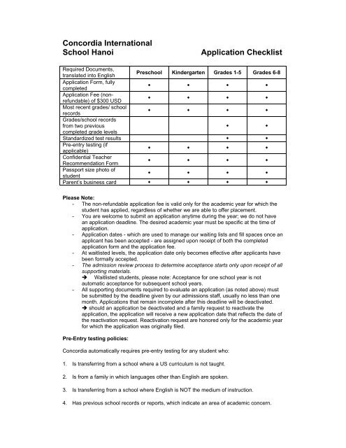 Concordia International School Hanoi Application Checklist