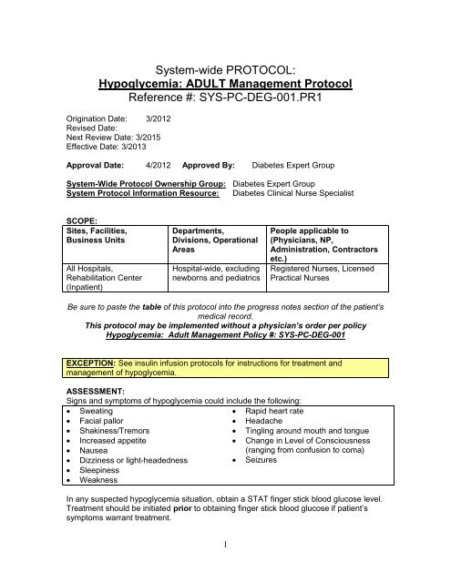 Hypoglycemia: ADULT Management Protocol - Minnesota Hospital ...