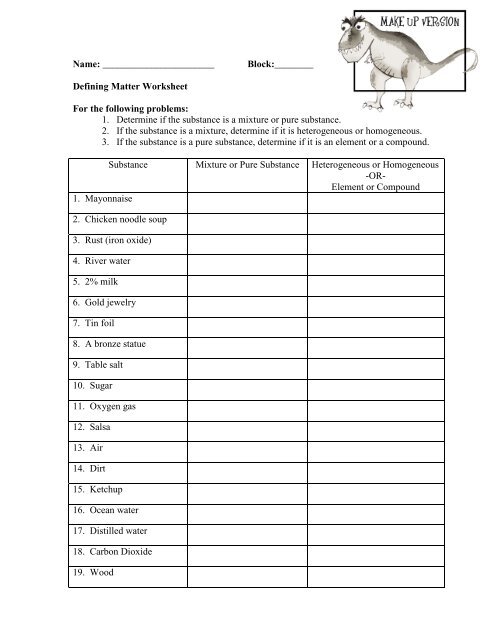 Defining Matter Worksheet For The Following
