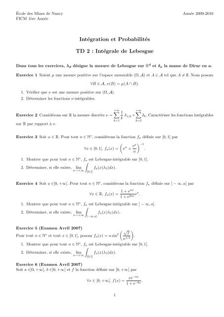 IntÃ©gration et ProbabilitÃ©s TD 2 : IntÃ©grale de Lebesgue