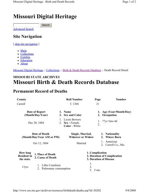 Missouri Digital Heritage Missouri Birth & Death Records Database