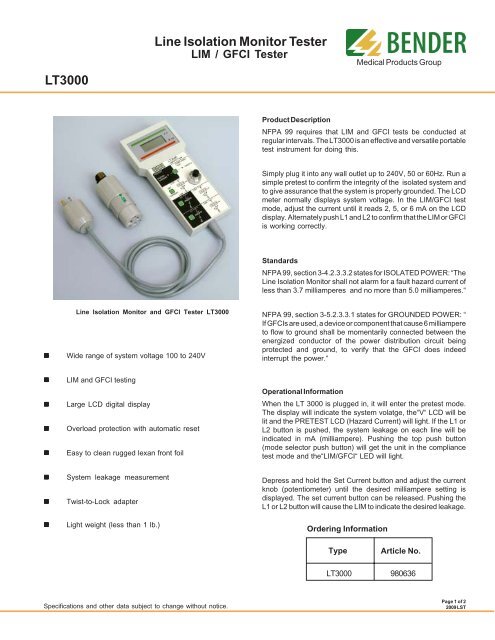 LT3000 Line Isolation Monitor Tester - Bender