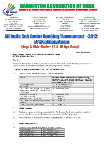 India Sub Junior Ranking U-13 & U-15- bAI Circular at Visakhapatnam
