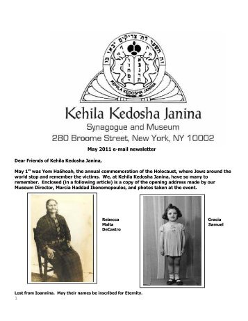 1 May 2011 e-mail newsletter - Kehila Kedosha Janina