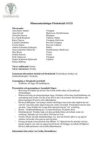 Minnesanteckningar FÃ¶rskolerÃ¥d 20111121.pdf - Lomma kommun