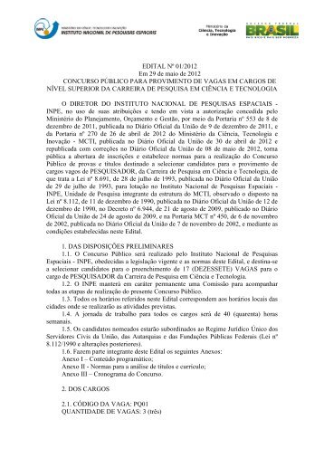 EDITAL NÂº 01/2012 Em 29 de maio de 2012 CONCURSO ... - Inpe