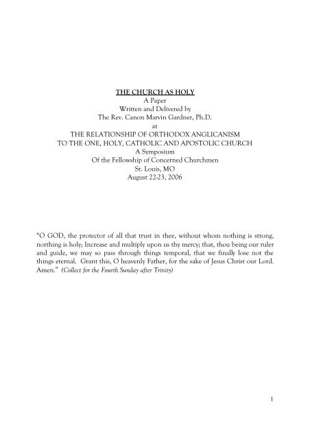 THE CHURCH AS HOLY A Paper Written and Delivered by The Rev ...