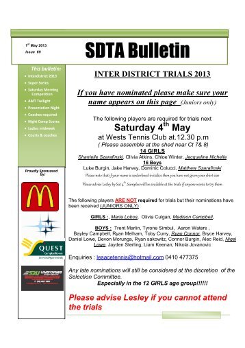 SDTA Bulletin - Southern Districts Tennis Association