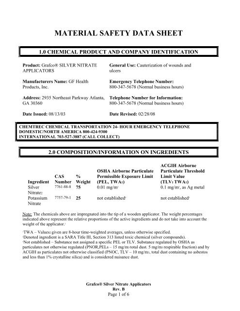 MATERIAL SAFETY DATA SHEET - GF Health Products, Inc.