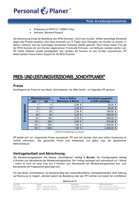 Preis- und Leistungsverzeichnis der 4Mis GmbH - Zeiterfassung