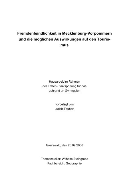 Fremdenfeindlichkeit in Mecklenburg-Vorpommern und die ...