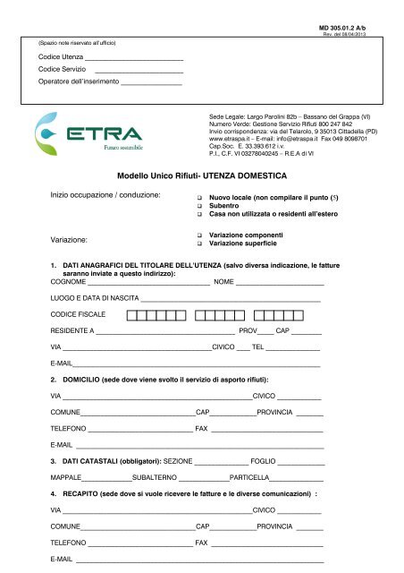 Modello Unico Rifiuti- UTENZA DOMESTICA - Etra Spa