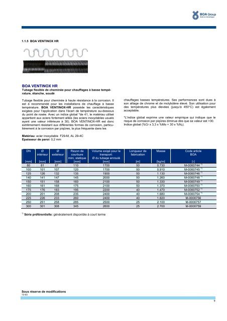 Guide des Tuyaux mét.flex. Mod.2 programme standard - BOA Group
