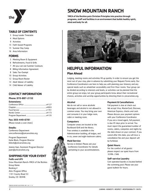 Snow Mountain Ranch Group Planning Guide for June 2013