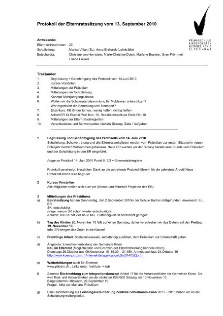 Protokoll der Elternratssitzung vom 13. September 2010 - Buchsee