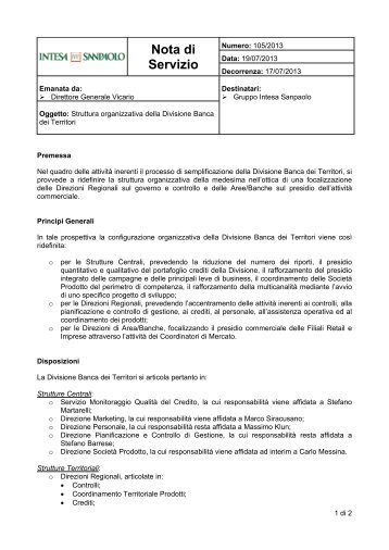 Nota di servizio 105: Struttura organizzativa della Divisione Banca ...