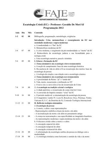Escatologia CristÃ£ (EC) - Professor: Geraldo De Mori SJ ...