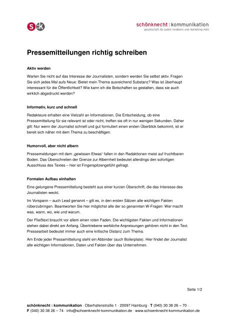 Pressemitteilungen richtig schreiben - schönknecht : kommunikation