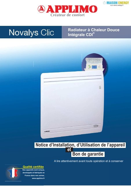 Notice d'Installation, d'Utilisation de l'appareil et Bon de garantie