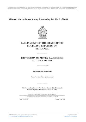 Sri Lanka: Prevention of Money Laundering Act, No. 5 of 2006