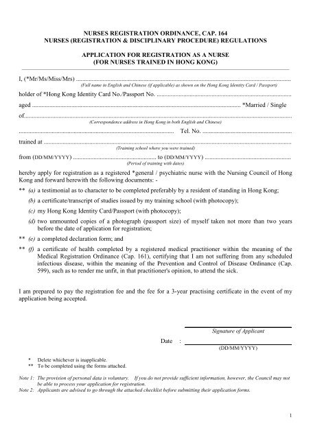 application for registration FOR NURSES TRAINED IN HONG KONG