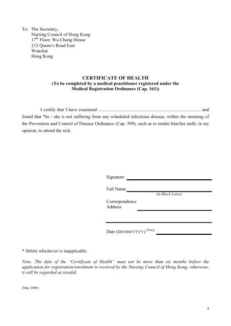 application for registration FOR NURSES TRAINED IN HONG KONG