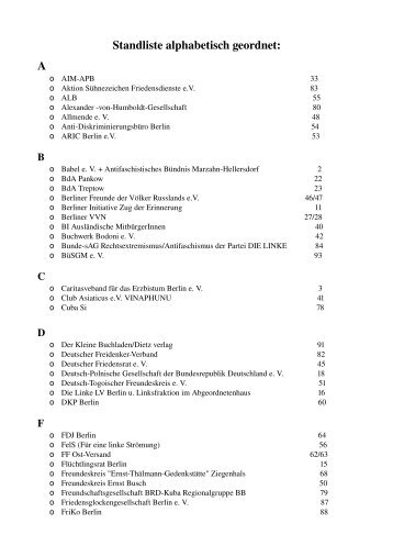 Standliste alphabetisch geordnet - Tag der Erinnerung und Mahnung