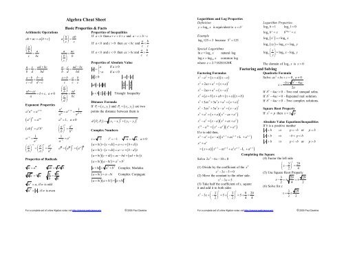 Algebra Cheat Sheet (Reduced) - Pauls Online Math Notes