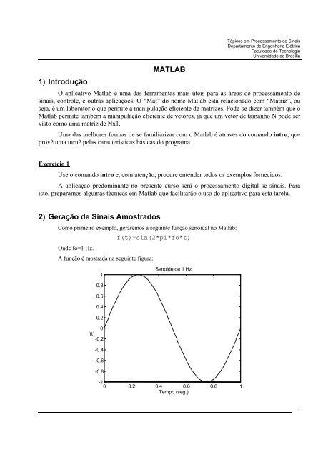 MATLAB 1) IntroduÃ§Ã£o 2) GeraÃ§Ã£o de Sinais Amostrados