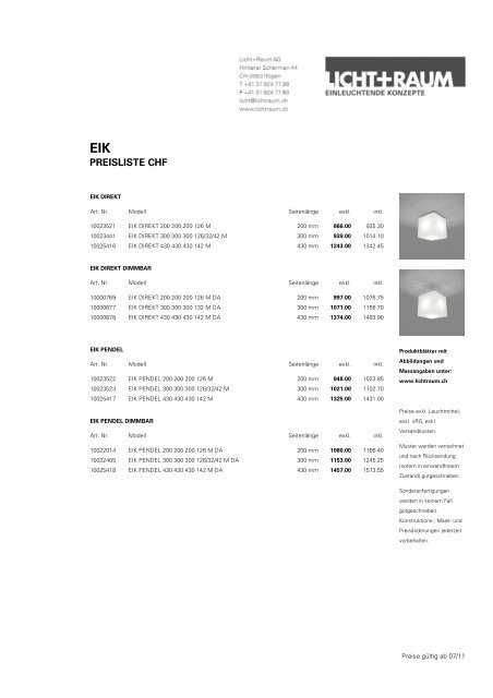 PREISLISTE CHF - Licht+Raum AG