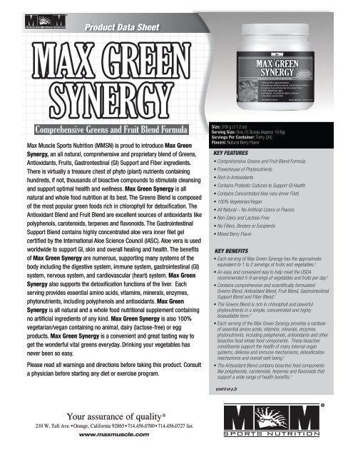 Product Data Sheet - Max Muscle Sports Nutrition Colorado Springs