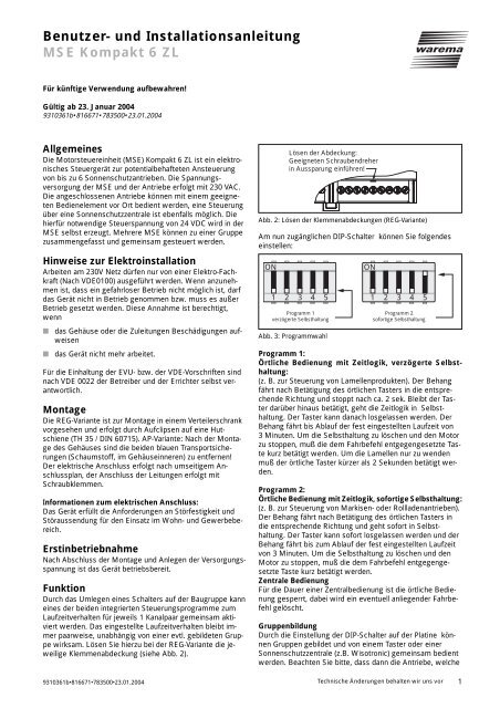 Benutzer- und Installationsanleitung MSE Kompakt 6 ZL - Warema