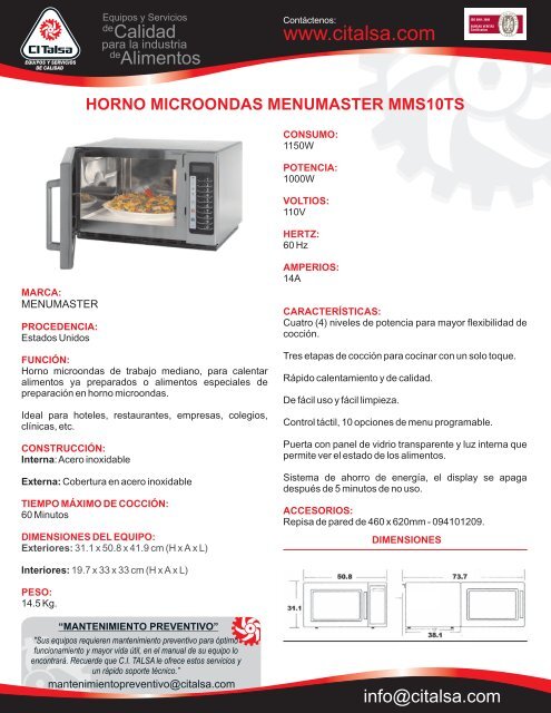 HORNO MICROONDAS MENUMASTER MMS10TS  - Citalsa