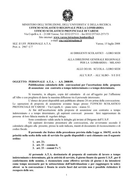 Calendario delle convocazioni per proposte di assunzione a tempo ...