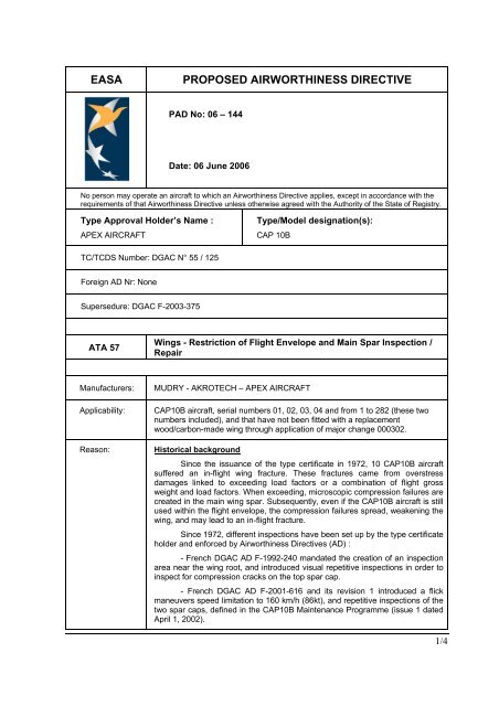 EASA PROPOSED AIRWORTHINESS DIRECTIVE