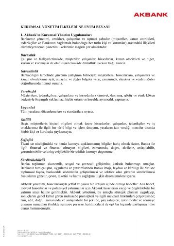 KURUMSAL YÖNETİM İLKELERİ'NE UYUM BEYANI 1. Akbank'ın ...