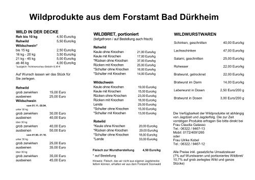Wild-Preisliste Forstamt Bad Dürkheim