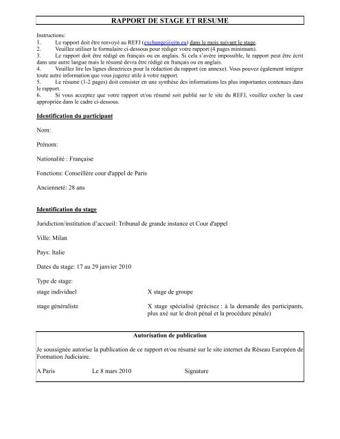 Rapport De Stage Et Resume European Judicial Training Network