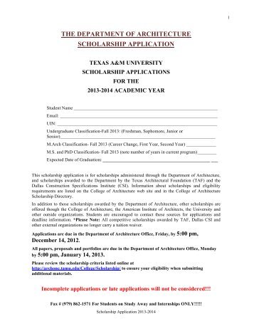 2013-2014 Scholarship Application - Department of Architecture ...