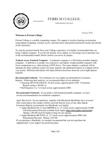 Student Computer Letter 10-11 - Ferrum College