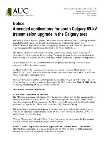 Notice Amended applications for south Calgary 69-kV ... - AUC.ab.ca