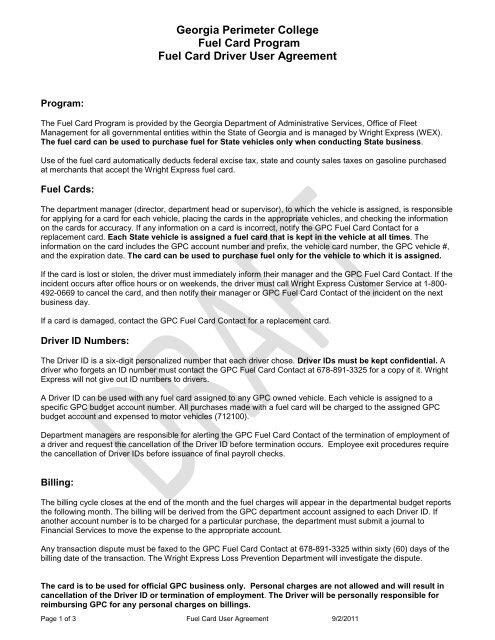 Fuel Card User Agreement - Georgia Perimeter College