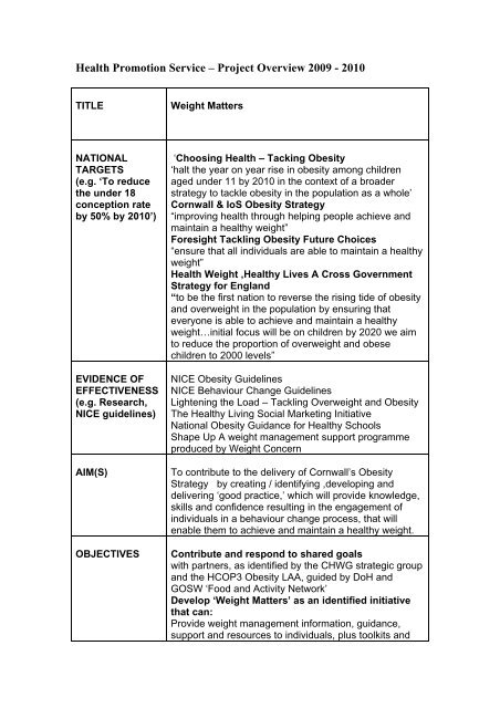 Project Overview 2009 - 2010 - Health Promotion Cornwall