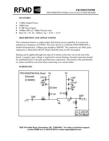 FPD1500SOT89 0.9GHz LNA Evaluation Board - RF Micro Devices