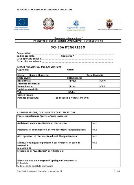 Modulo 2 Scheda Di Ingresso Lavoratore Agenzia Del Lavoro