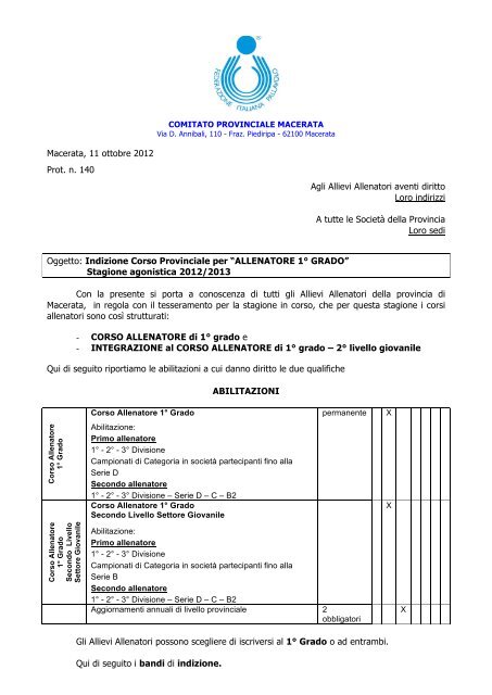 Indizione corso allenatore primo grado 2012-2013 - Le Marche del ...