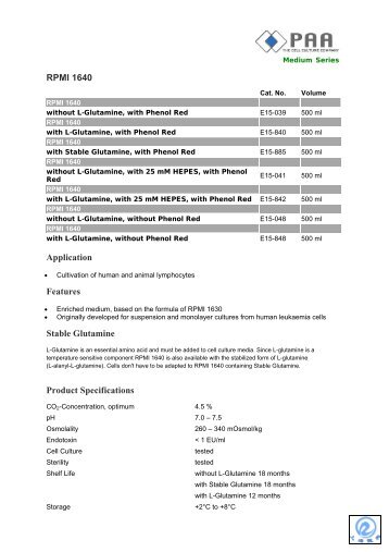 RPMI 1640 Application Features Stable Glutamine Product ...